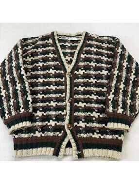 Vintage Lambs Wool Fisherman Chunky Knit Cardigan Sweater M/L Check Measurement